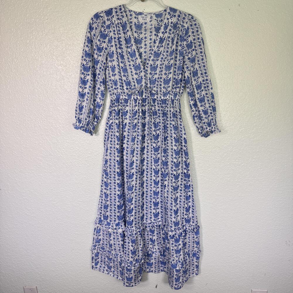 Pink City Prints Dress Women XS Melanie Midi Blue Floral Long Sleeve Cotton Boho